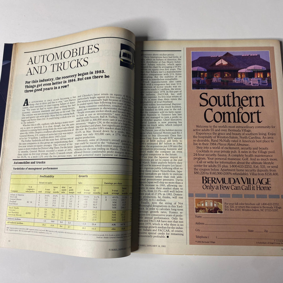 Page from Forbes Magazine, January 14, 1985, discussing the Automobiles and Trucks sector with charts on profitability and growth.