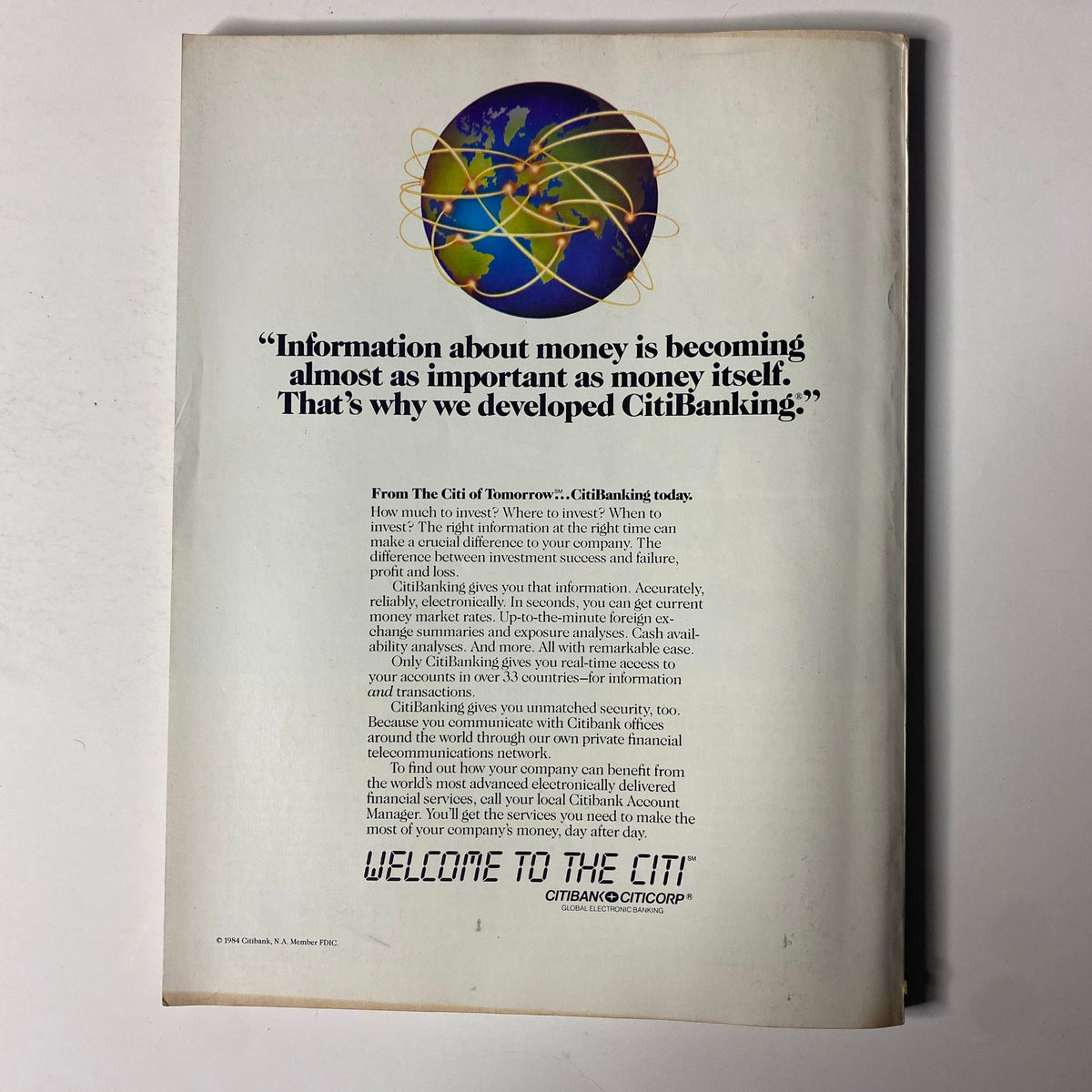 Back page advertisement from Forbes Magazine, January 14, 1985, promoting CitiBanking with information on financial services.