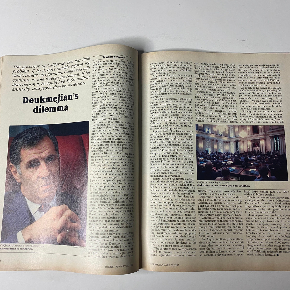 Spread from Forbes Magazine January 28, 1985 featuring an article discussing California Governor George Deukmejian's tax reform dilemmas, relevant to mid-1980s economic discussions.
