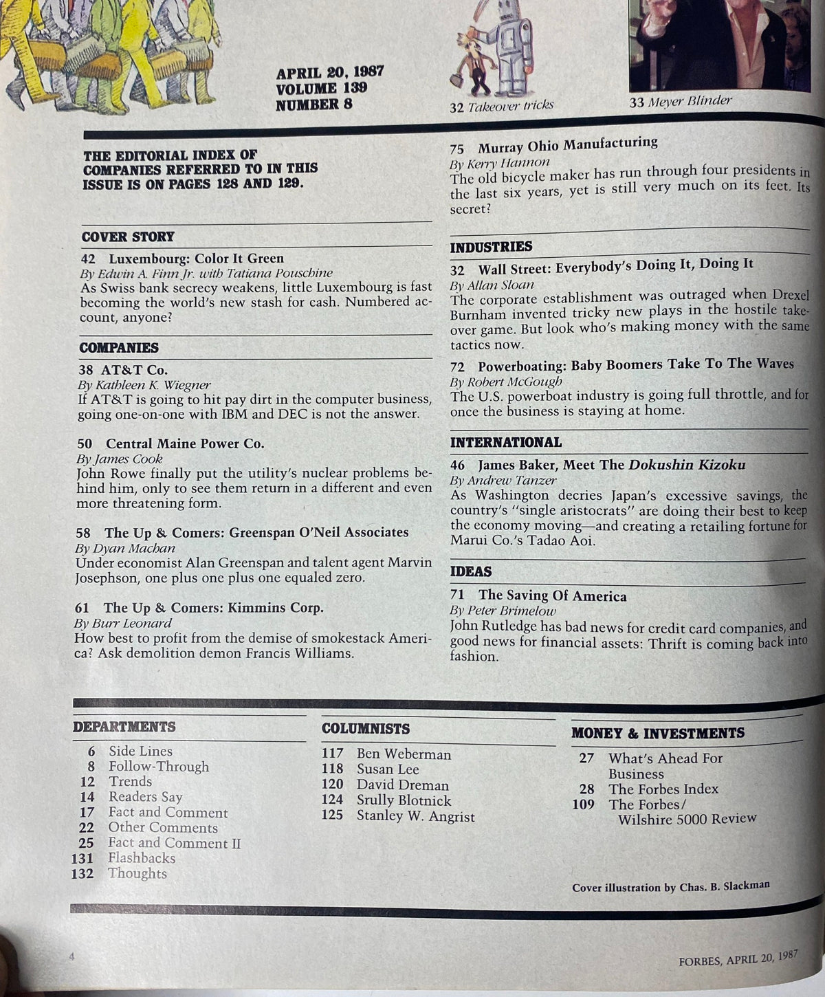 Forbes Magazine April 20, 1987, editorial index showcasing the cover story 'Luxembourg: Color it Green', alongside notable companies such as AT&T.
