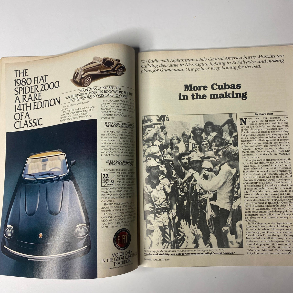 An advertisement from Forbes Magazine March 31, 1980, showcasing the 1980 Fiat Spider 2000 along with an article about increasing instability in Central America.