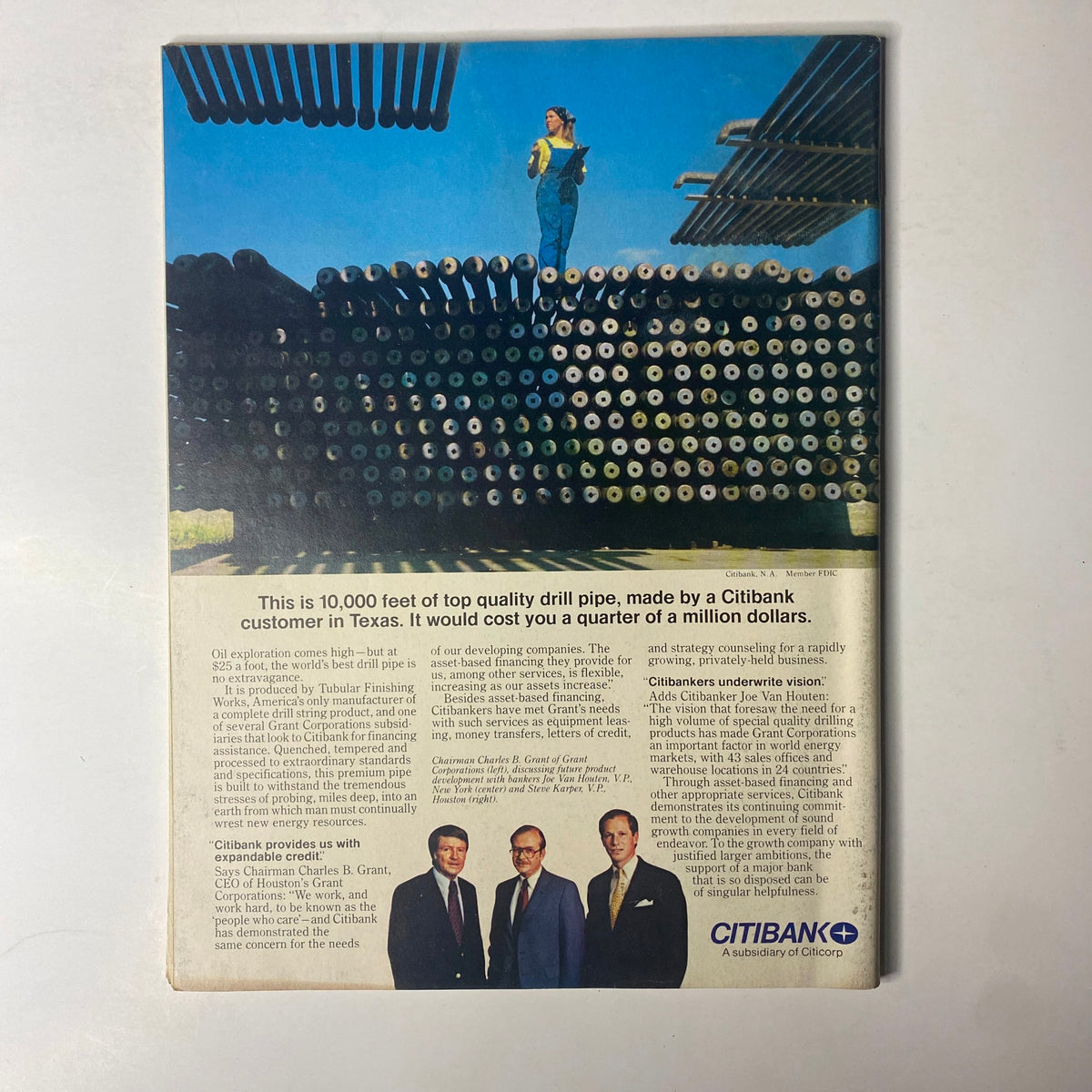 Back cover of Forbes Magazine March 31, 1980 featuring an ad for Citibank, illustrating the context of business and economic growth surrounding oil exploration.