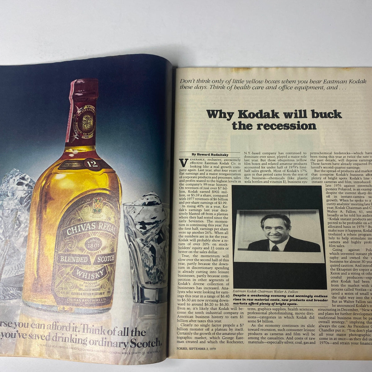 An interior page of Forbes Magazine September 3, 1979, showcasing an advertisement for Chivas Regal whisky alongside a feature article discussing Kodak's resilience during economic challenges.