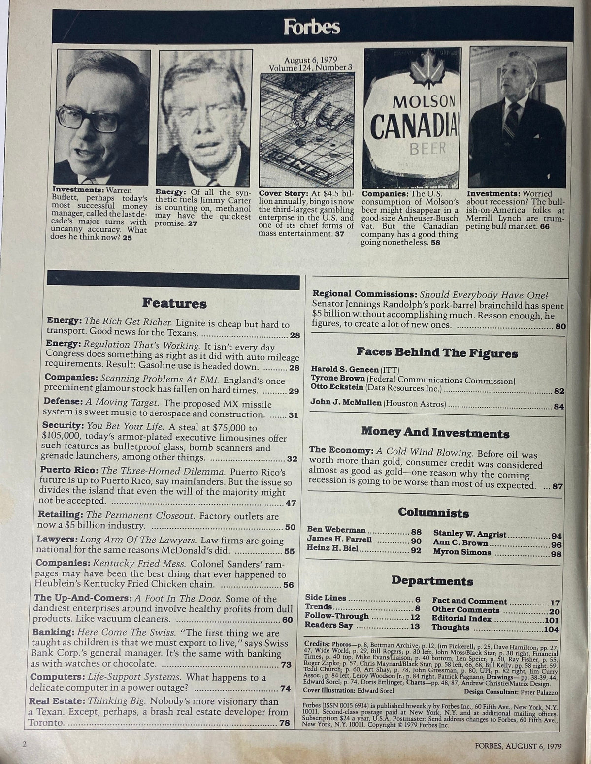 Forbes Magazine August 6, 1979 interior page highlighting articles on investments, energy, and companies, with a focus on Warren Buffett's insights, Molson beer, and economic trends.