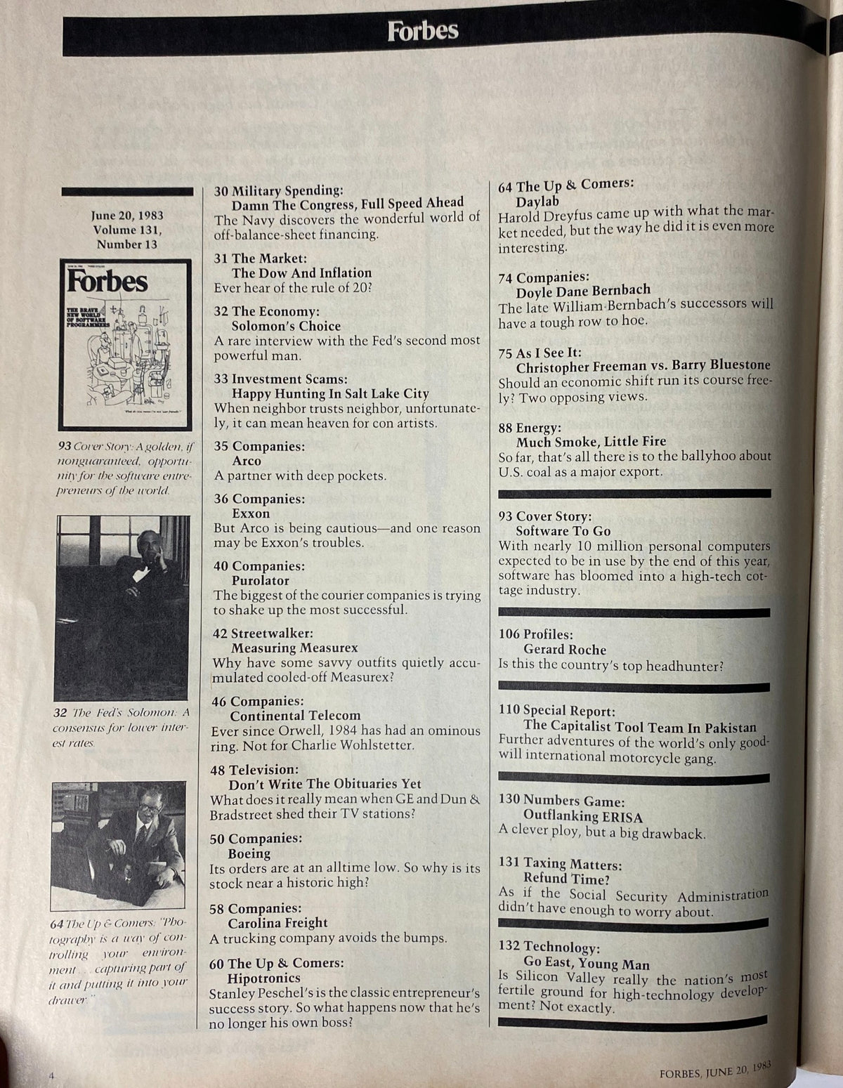 Interior page of Forbes Magazine June 20, 1983 featuring a table of contents and articles related to business and economics.