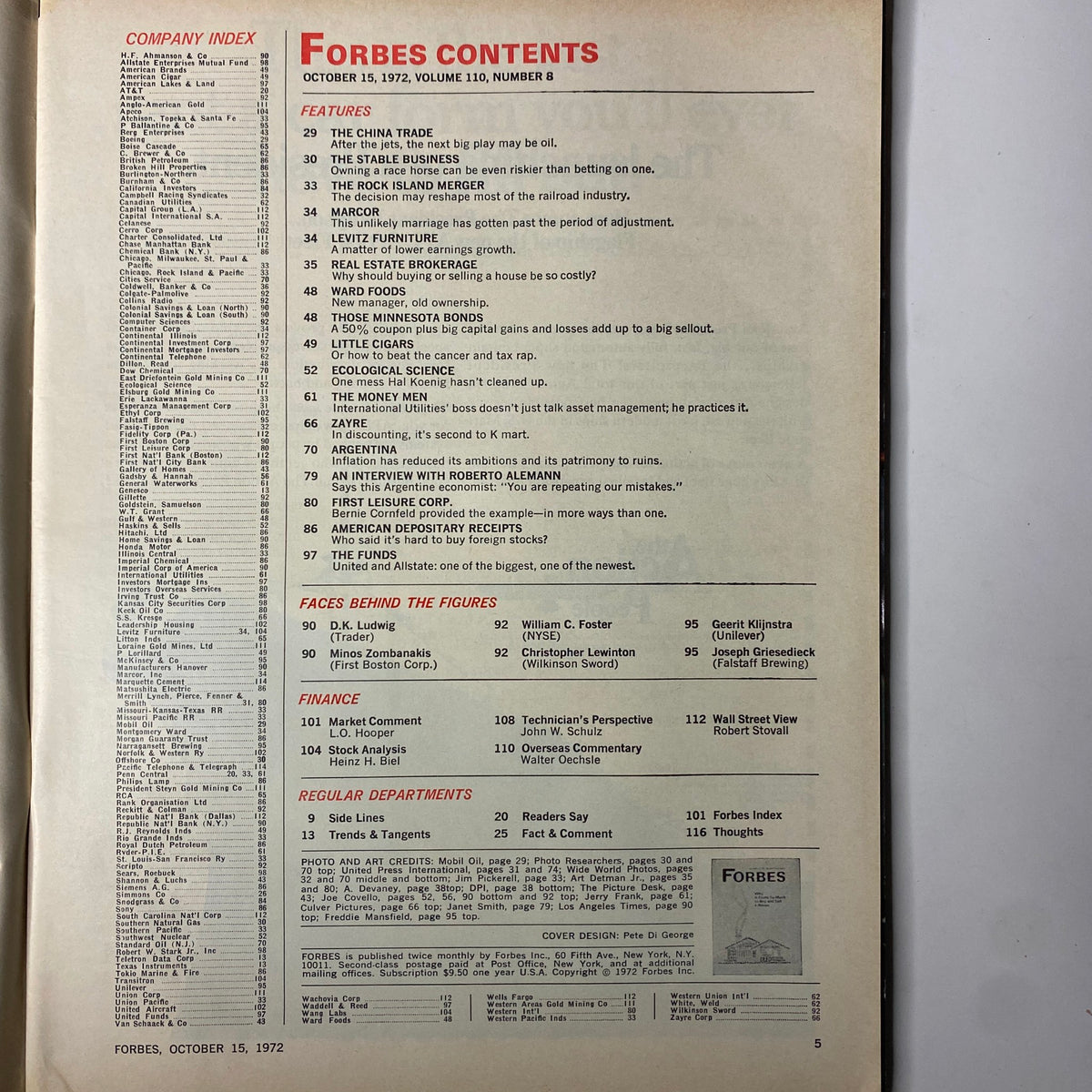 Contents page of Forbes Magazine, October 15, 1972, listing features including 'The China Trade', 'Real Estate Brokerage', and economic insights.