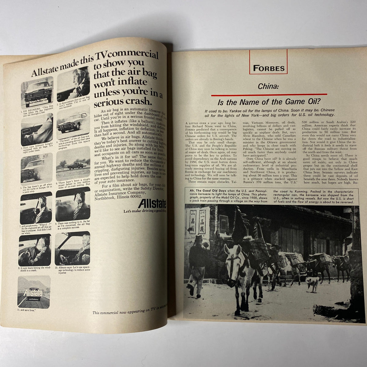 An advertisement page in Forbes Magazine, October 15, 1972, with content discussing vehicle safety and insurance from Allstate.