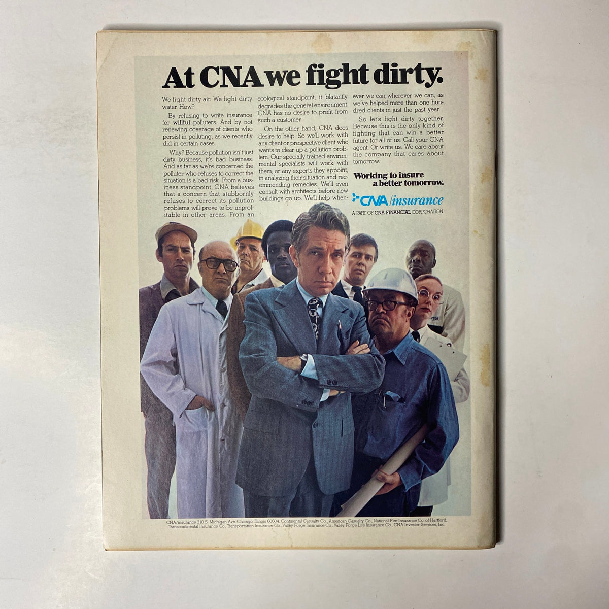 Back cover of Forbes Magazine, October 15, 1972, featuring an advertisement for CNA Insurance, emphasizing environmental concerns.