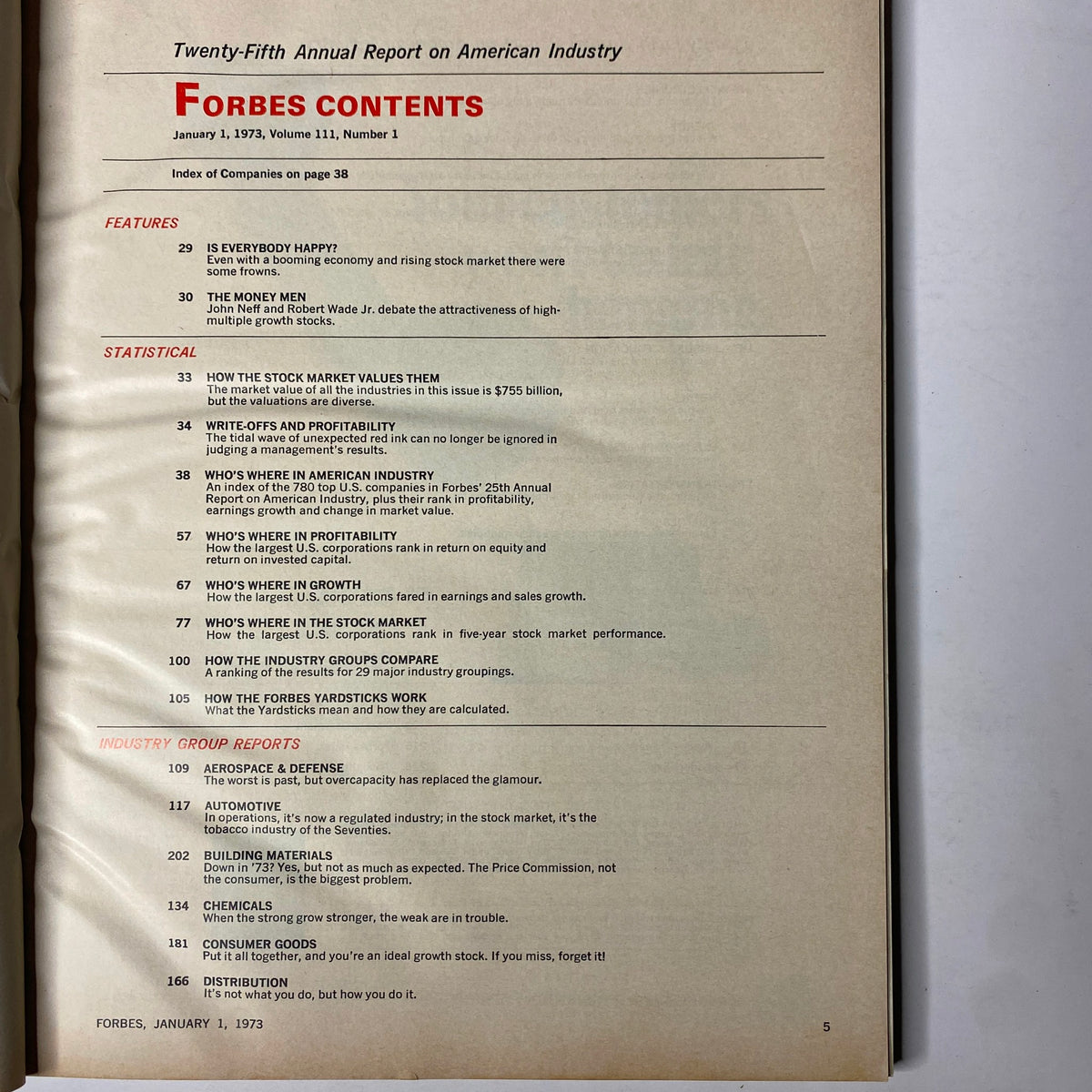 Contents page of Forbes Magazine, January 1, 1973, detailing features and statistical sections including articles on stock market values and industry performance.