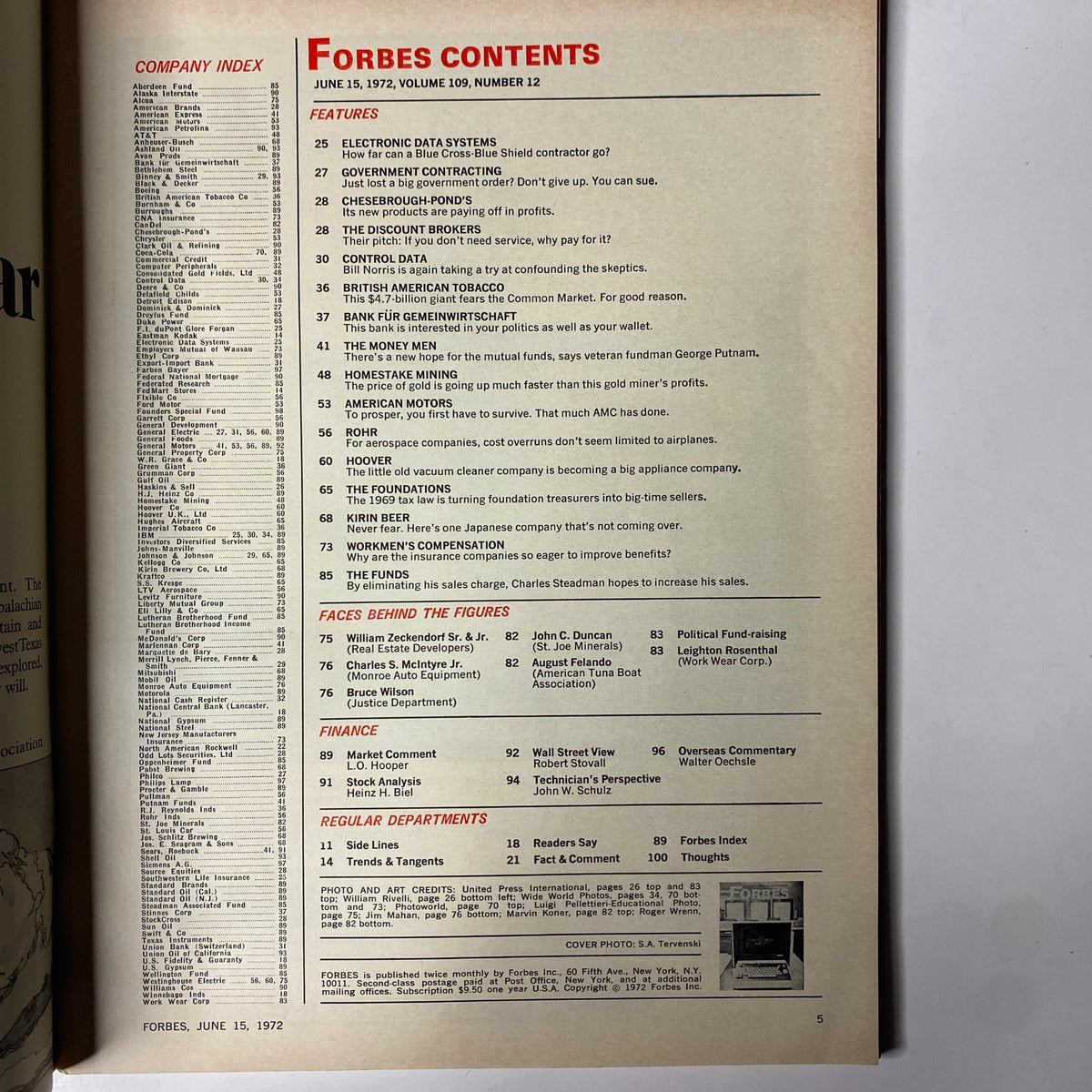 Contents page of Forbes Magazine from June 15, 1972, outlining articles including features on Control Data Corporation and economic topics relevant to the early 1970s.