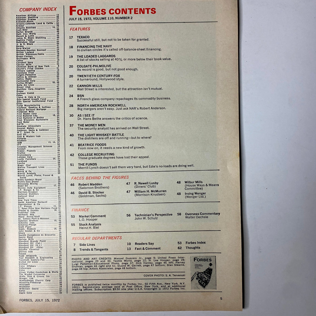 Forbes Magazine July 15, 1972 cover page featuring the contents list, highlighting articles on Texaco, Colgate-Palmolive, and Cannon Mills.