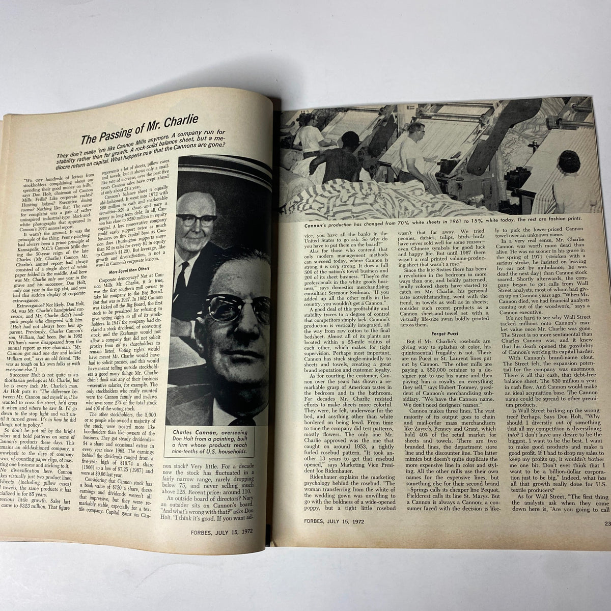 Interior pages of Forbes Magazine July 15, 1972, showcasing an article titled 'The Passing of Mr. Charlie' with insights on Cannon Mills and its evolution in the textile industry.