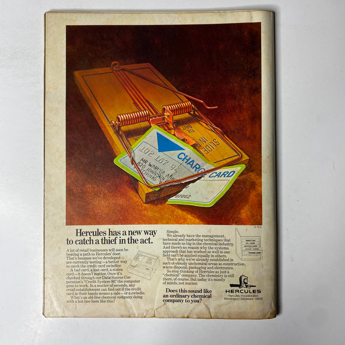 Back cover of Forbes Magazine August 15, 1972, showcasing an advertisement for Hercules, promoting their innovative methods for preventing retail theft.