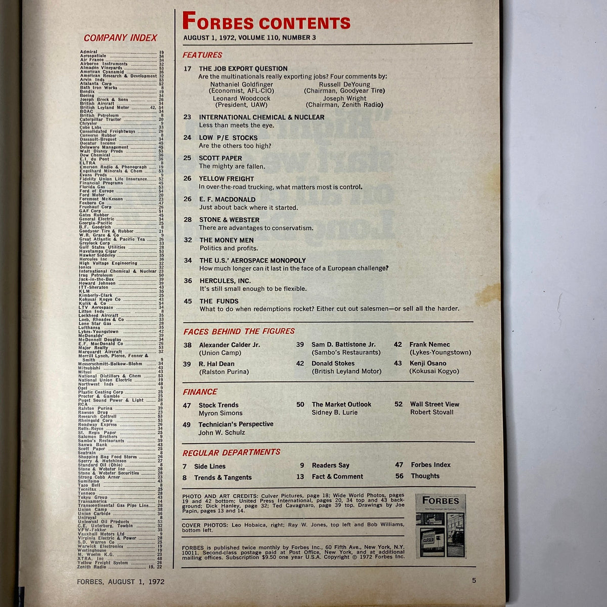Contents page of Forbes Magazine, August 1, 1972, detailing features including 'The Job Export Question' and other articles, highlighting the magazine's focus on business and economic issues during a pivotal time.