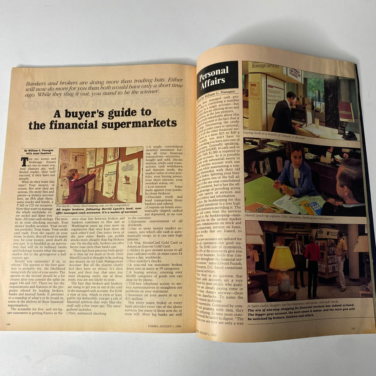 An article from Forbes Magazine August 1, 1983 titled 'A buyer's guide to the financial supermarkets' discussing the relationship between bankers and brokers.
