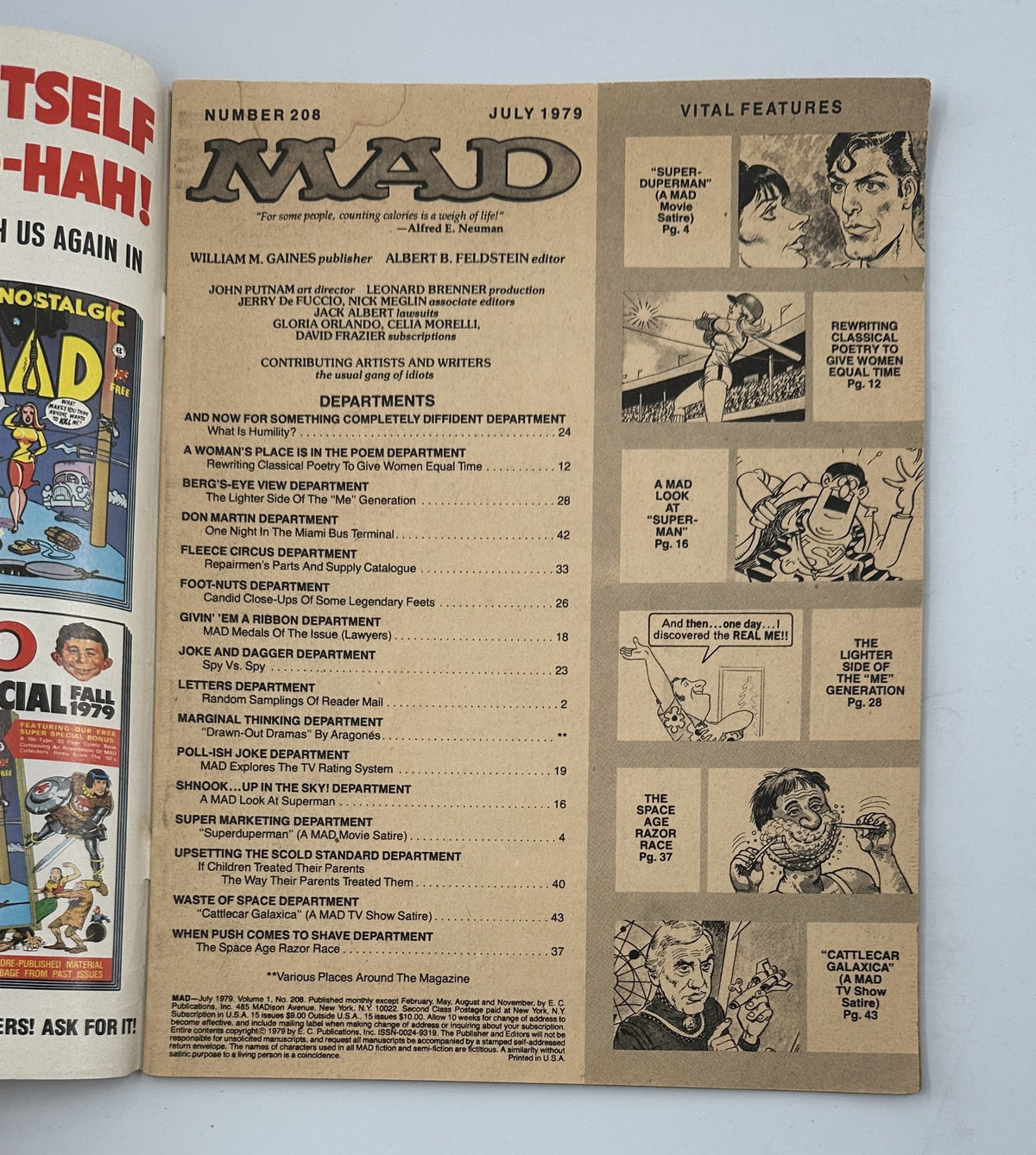 Table of Contents for MAD Magazine No. 208, July 1979, outlining various departments including parodies on Superman and Battlestar Galactica, along with notable features and contributions.