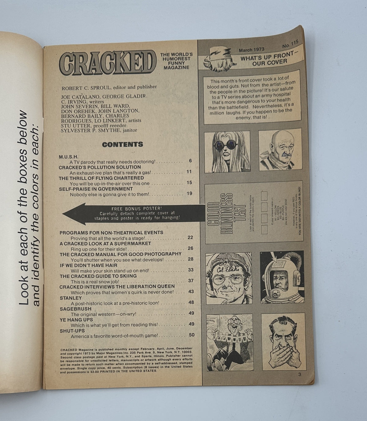Inside page of Cracked Magazine No. 115 showing the table of contents, highlighting comedic articles including M.U.S.H., Cracked’s Pollution Solution, and more.