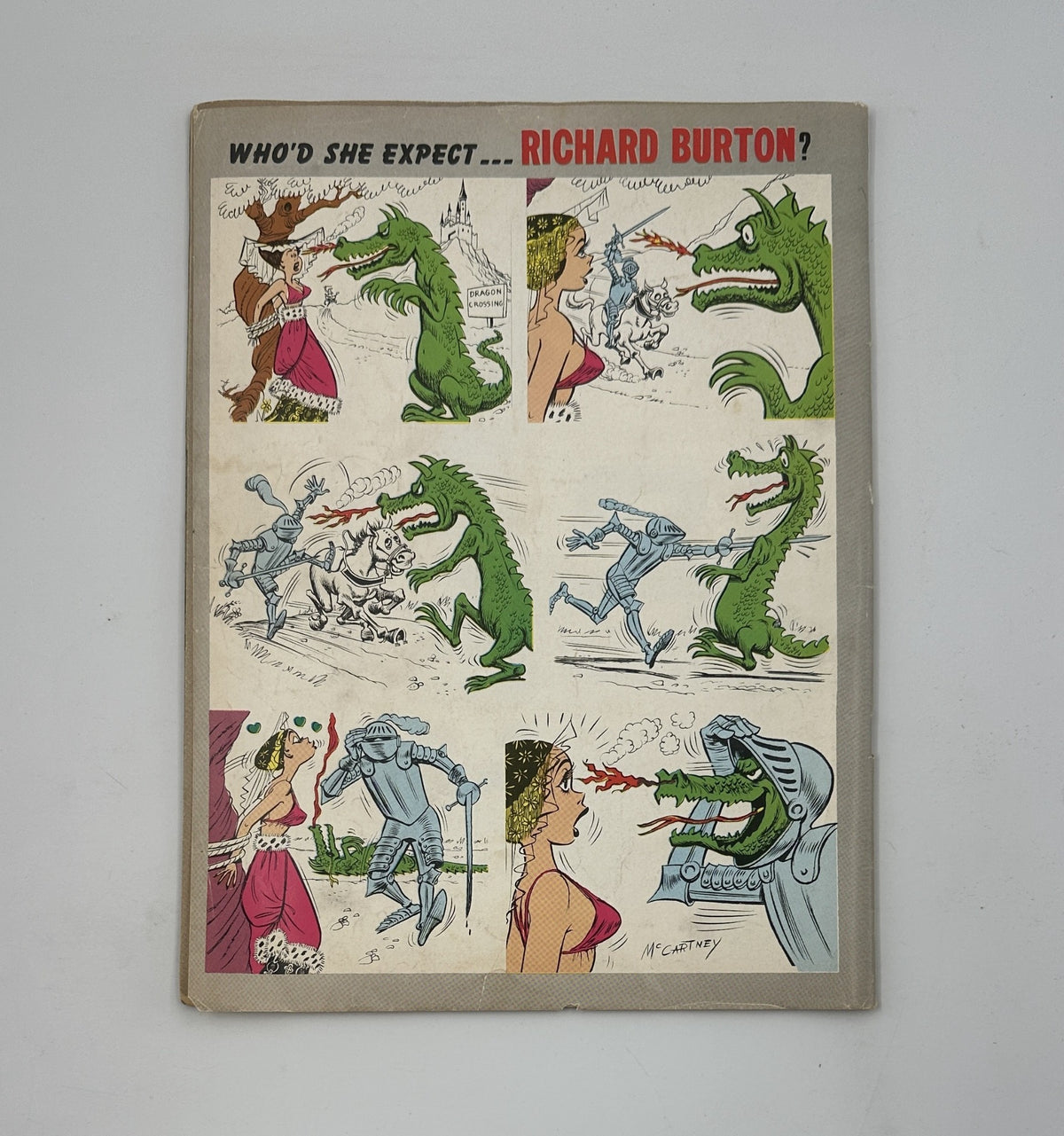 Cover of Cracked Magazine No. 120 from October 1974 featuring a humorous illustration titled 'Who'd She Expect... Richard Burton?' depicting comedic scenes with dragons and knights in a satirical style.
