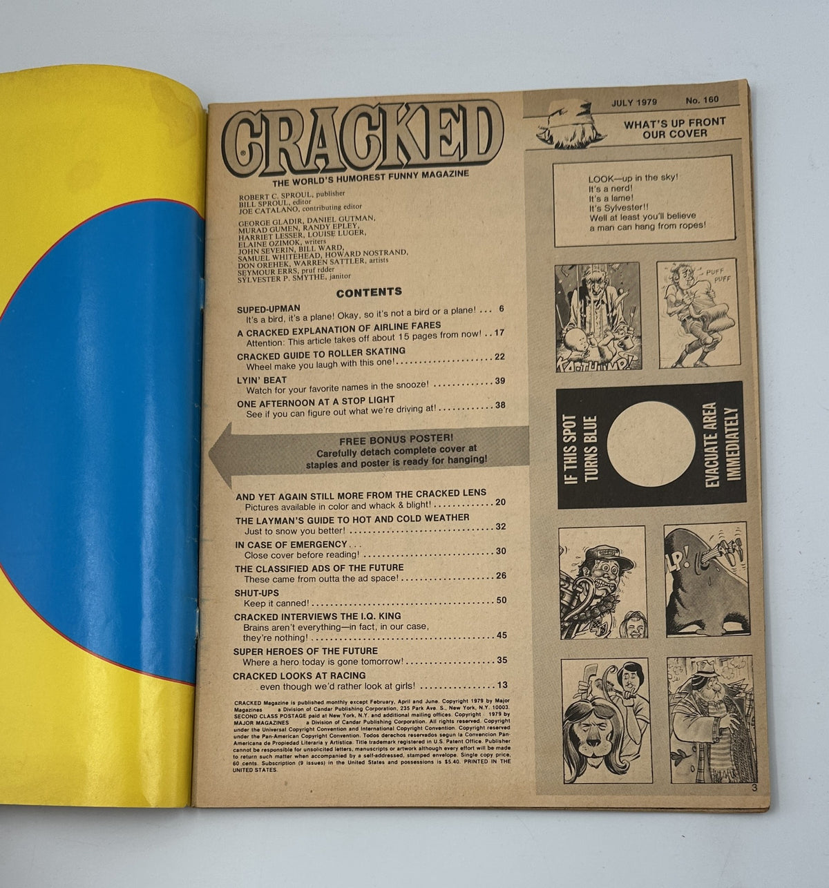 Inside cover page of Cracked Magazine No. 160 July 1979, showcasing the table of contents and humorous illustrations.