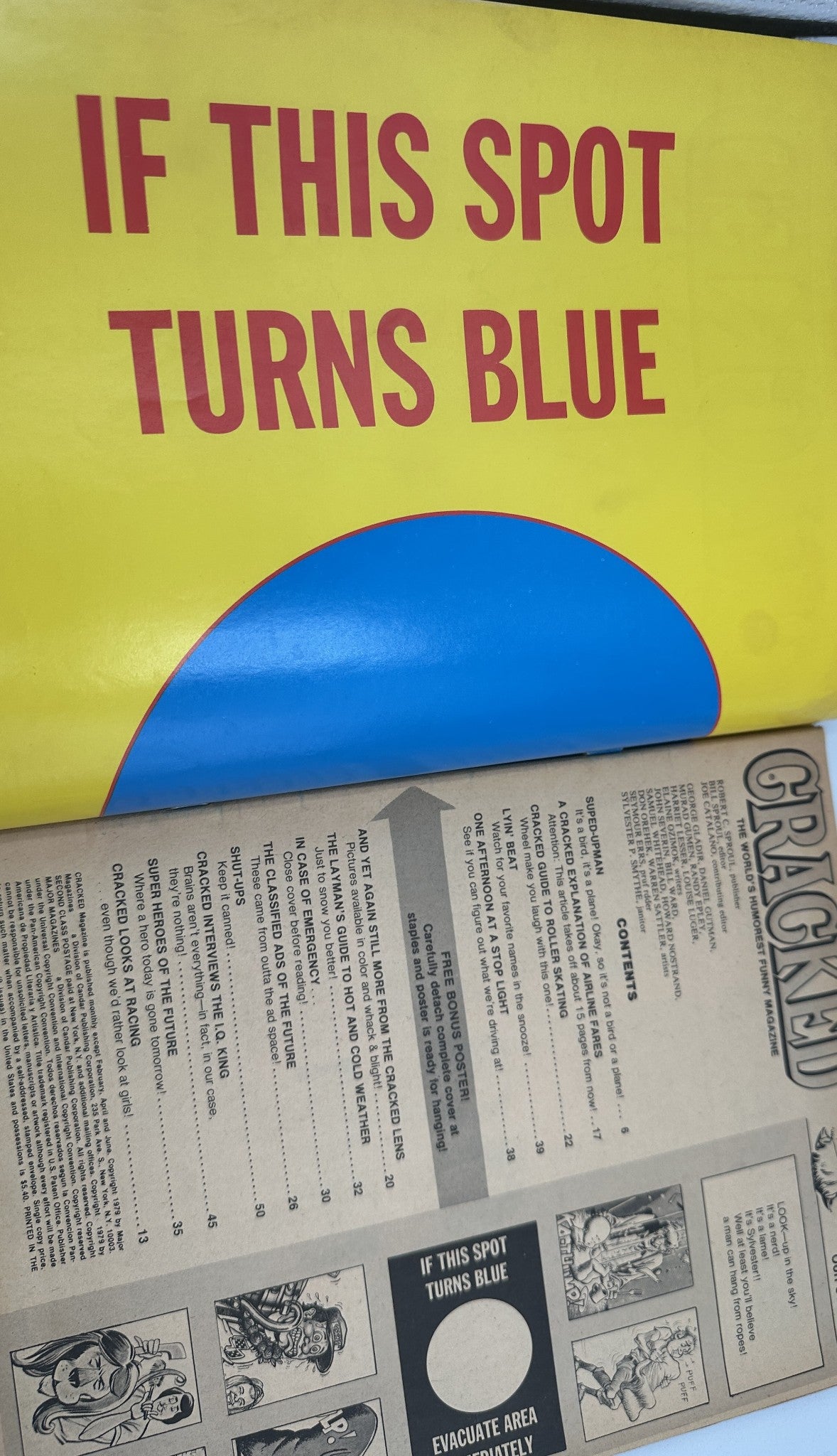 Page from Cracked Magazine No. 160 July 1979 displaying a bold warning text 'IF THIS SPOT TURNS BLUE' alongside comic-style graphics.
