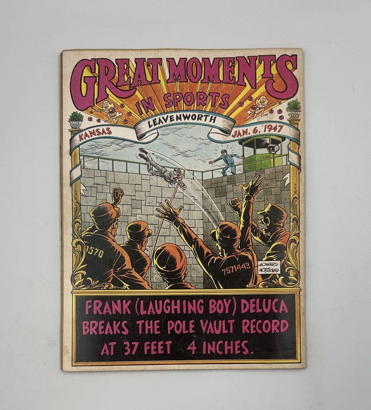 Cover of a vintage publication titled 'Great Moments in Sports' from January 6, 1947, illustrating a historical pole vault record.