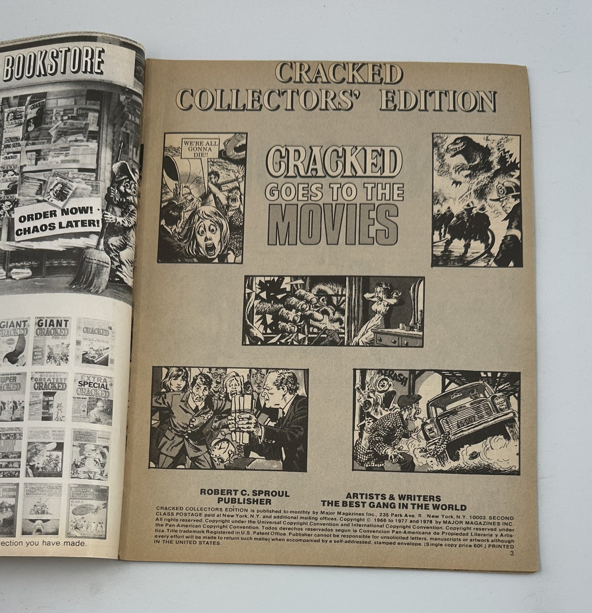 Interior page of Cracked Magazine No. 14257 February 1979, featuring the Cracked Collectors' Edition and the title 'Cracked Goes to the Movies'. Highlights include humorous illustrations related to classic film tropes.