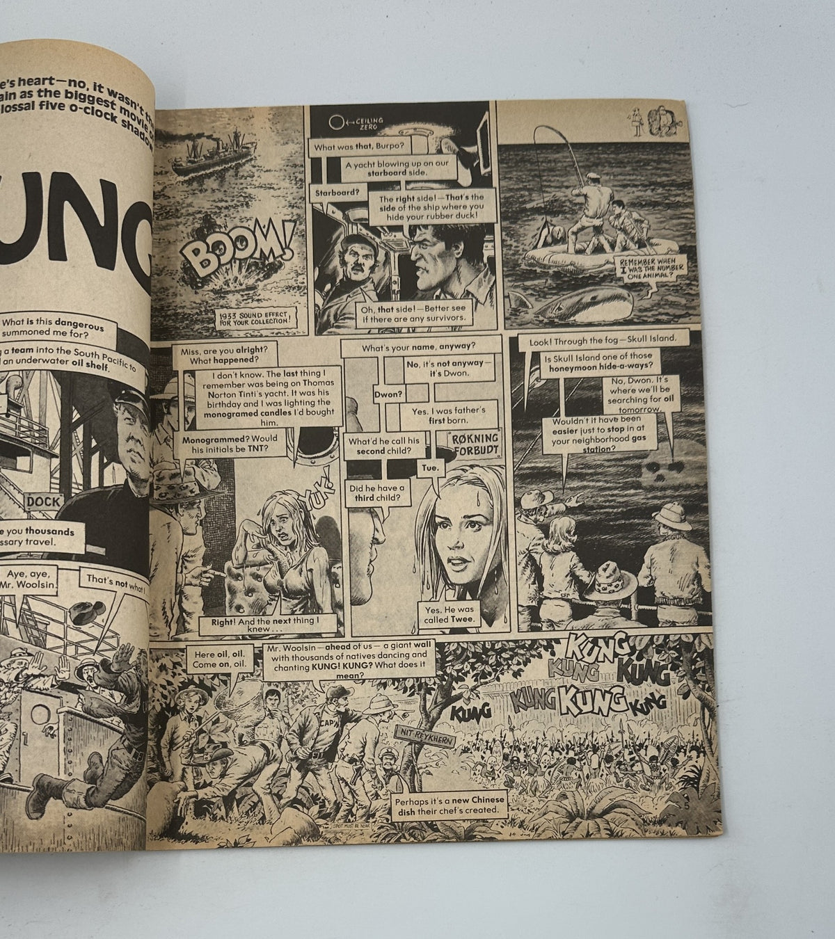 Comic strip from Cracked Magazine No. 14257 February 1979, depicting a parody involving King Kong, showcasing satirical dialogue and artwork that captures the humorous essence of the magazine.