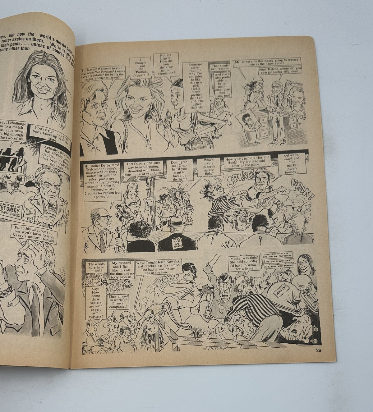 Page from Cracked Magazine No. 14257 February 1979 showing characters in various humorous scenarios, emphasizing the satirical nature of the magazine's comic strips and dialogues.