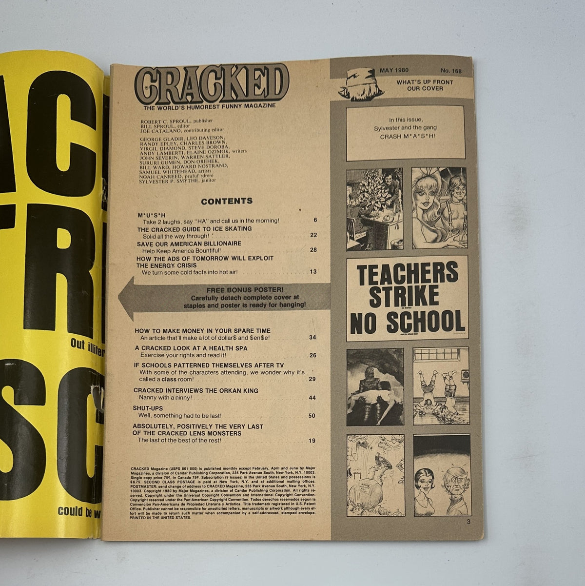 Inside page of Cracked Magazine No. 168 showing the table of contents and main article headings including 'M extrm{*}U extrm{*}S extrm{*}H'.
