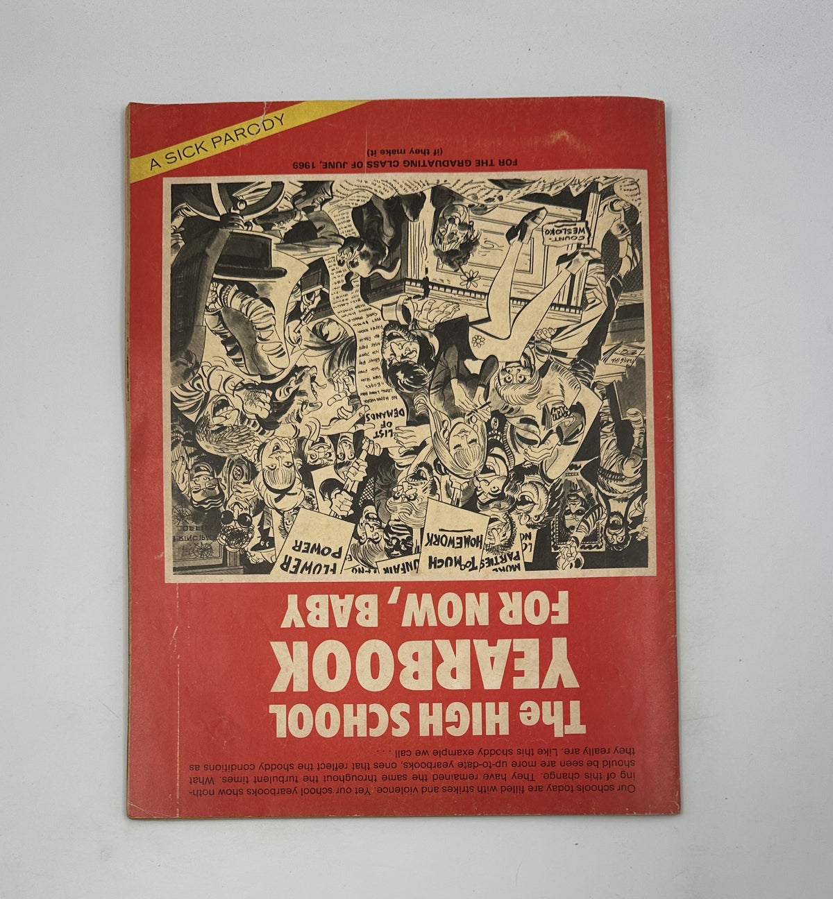 Sick Magazine No. 66 March 1969 Economy Flights Satire Yearbook Parody VG 4.0, showing the back cover with a bold illustration that parodies a high school yearbook theme, reflecting the magazine's irreverent humor.