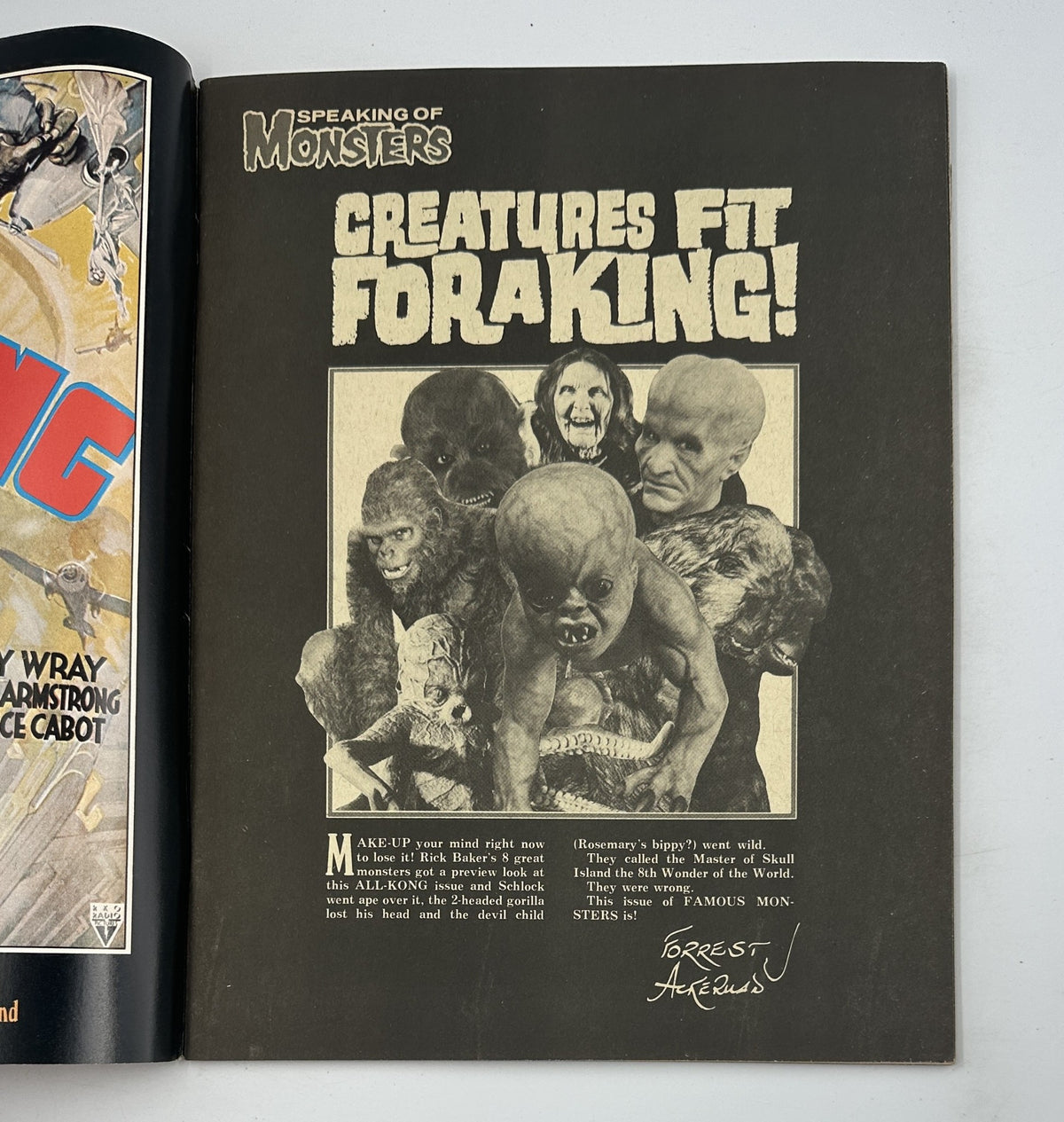 Cover of Famous Monsters of Filmland Magazine No. 108 featuring an illustration of various monsters with the caption 'CREATURES FIT FOR A KING!' describing their characteristics.