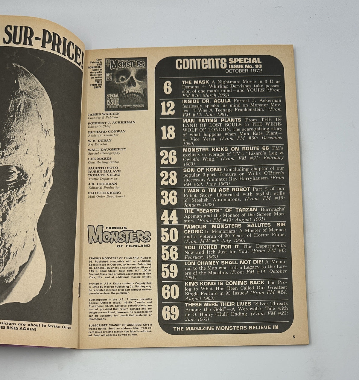 Table of contents from Famous Monsters of Filmland No. 93 October 1972, featuring articles like 'The Mask' and 'Monster Kicks on Route 66'.