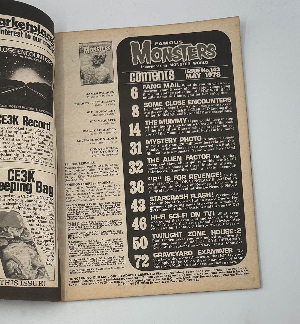 Inside page of Famous Monsters of Filmland No. 143, May 1978, featuring the Table of Contents including segments like Fang Mail, Some Close Encounters, The Mummy, and Starcrash Flash.