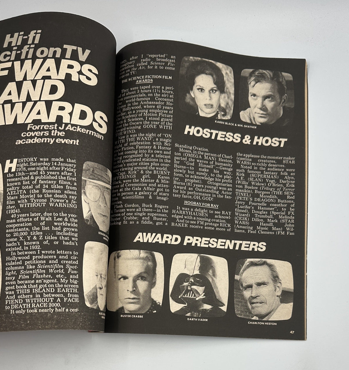 Another inside page of Famous Monsters of Filmland No. 143, May 1978, highlighting the Hi-Fi Sci-Fi TV Awards event with images of the event's hostess and award presenters.