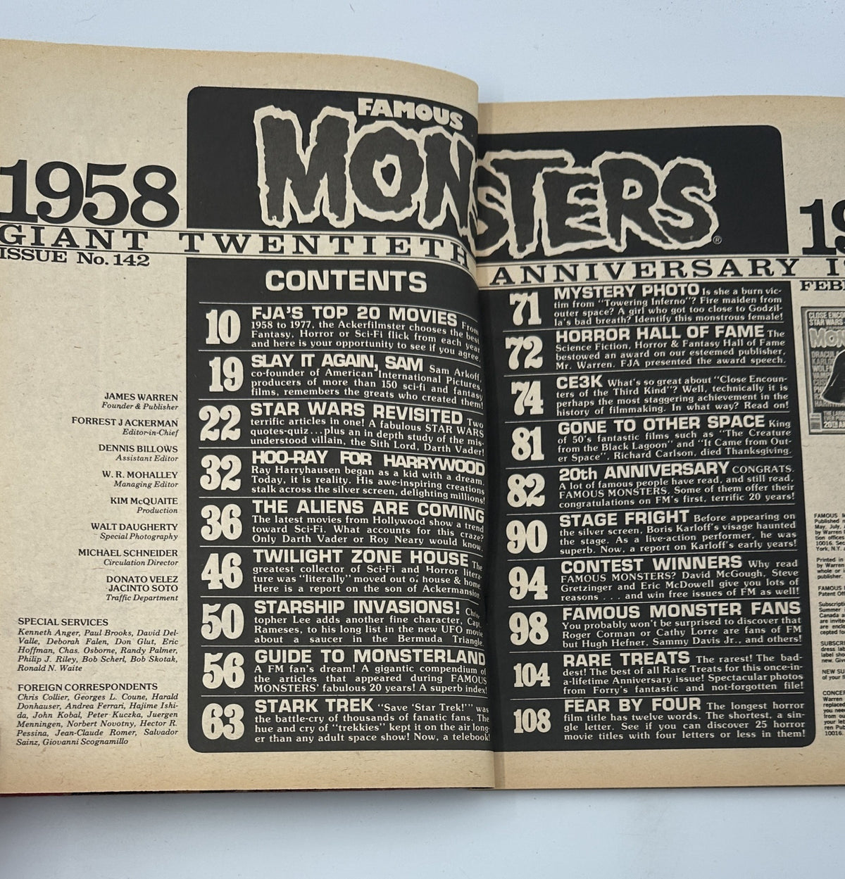 Famous Monsters of Filmland No.142 February 1978 Table of Contents showcasing features like 'FJA’s Top 20 Movies' and 'Star Wars Revisited'. Graded Very Good (VG 4.0).