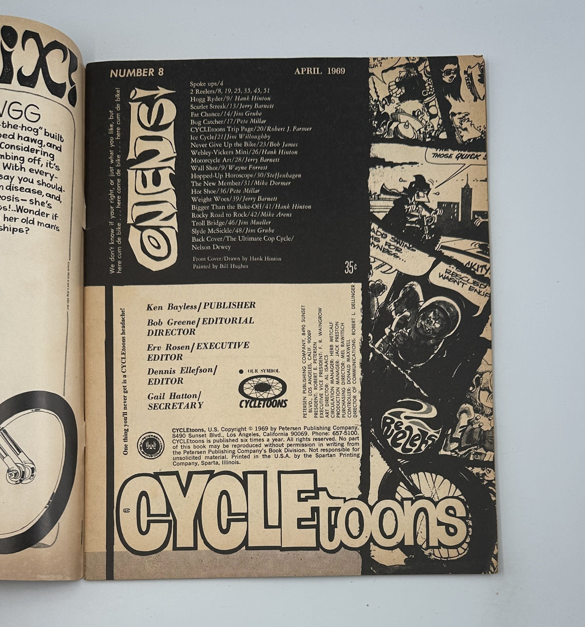 Table of Contents page from Cycletoons Magazine No. 8 April 1969 detailing articles and illustrations related to motorcycles and mini bikes.