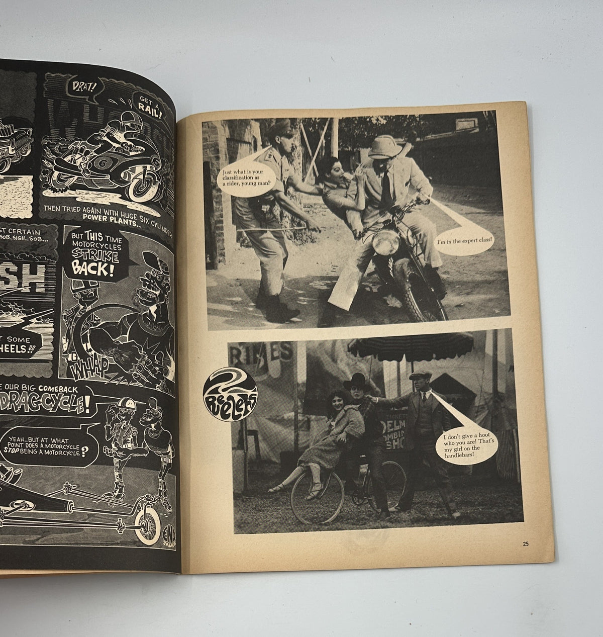 Comic-style page from Cycletoons Magazine No. 8 April 1969 depicting humorous scenes involving motorcycle characters, showcasing typical mini bike antics.