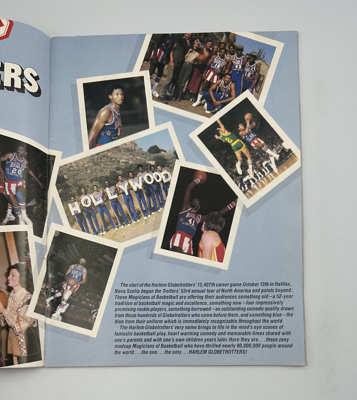 Inside page of Harlem Globetrotters Magazine On Tour highlighting historic moments from the team's journey, including archival photos and descriptions of their performances.