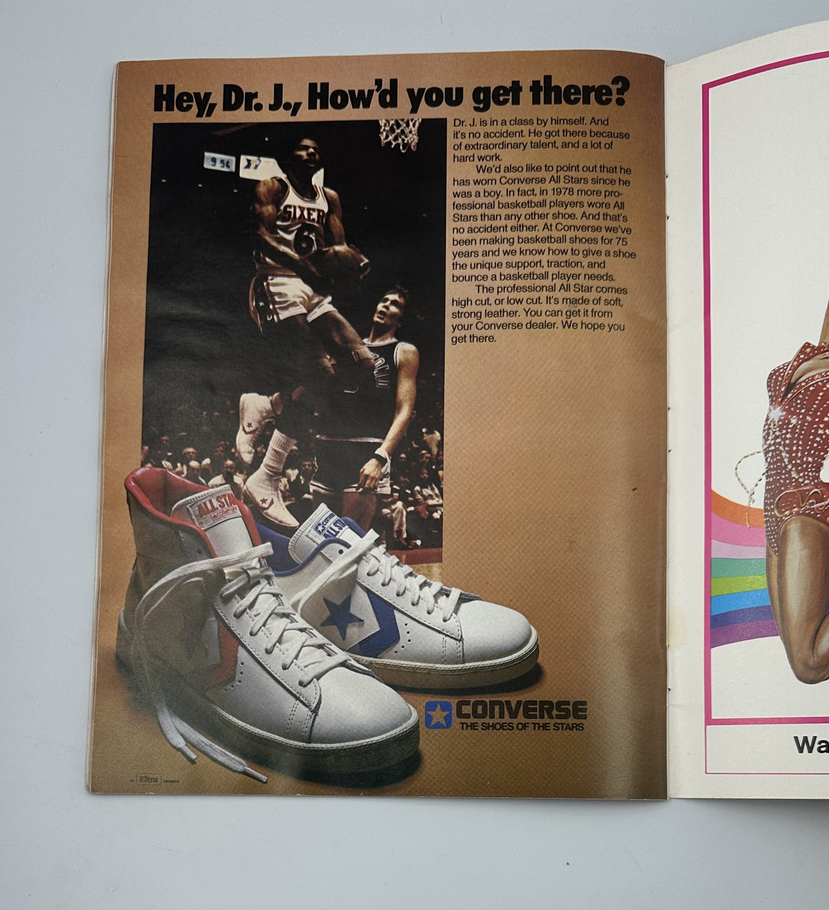 Harlem Globetrotters Magazine On Tour Basketball Team Photos featuring a Converse ad with Dr. J showcasing basketball shoes and action shots.