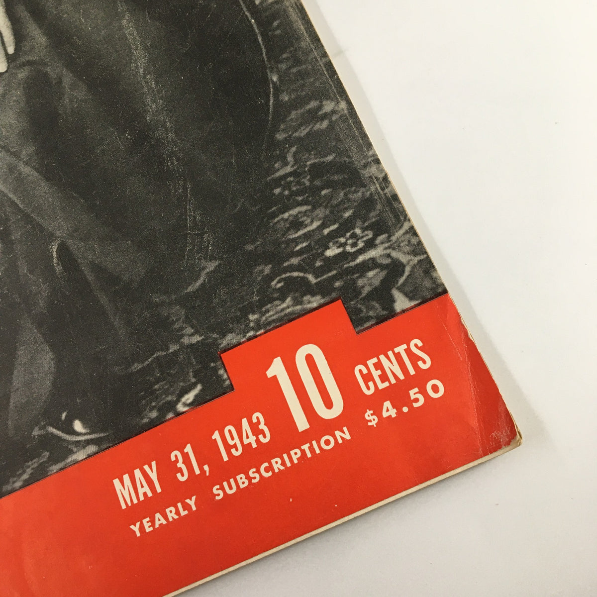 Close-up of the cover of VTG Life Magazine dated May 31, 1943, displaying the price '10 cents' and yearly subscription details, highlighting its vintage appeal.