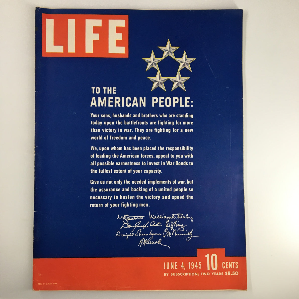 Cover of Life Magazine June 4, 1945 featuring the headline 'To The American People:' with a blue background and a star emblem, reflecting the sentiments during World War II.