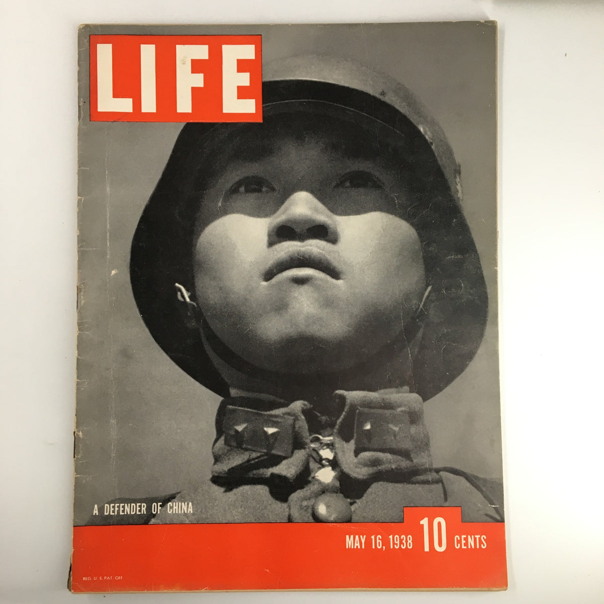 Cover of VTG Life Magazine dated May 16, 1938, featuring the headline 'A Chinese Soldier: A Defender of China', showcasing a soldier with a serious expression.
