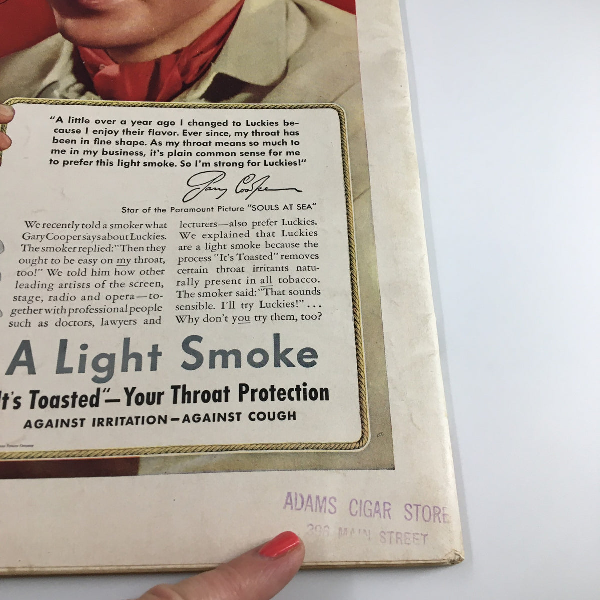 Advertisement page from the VTG Life Magazine July 26 1937 featuring Gary Cooper endorsing Lucky Strike cigarettes, illustrating a classic vintage advertising aesthetic.