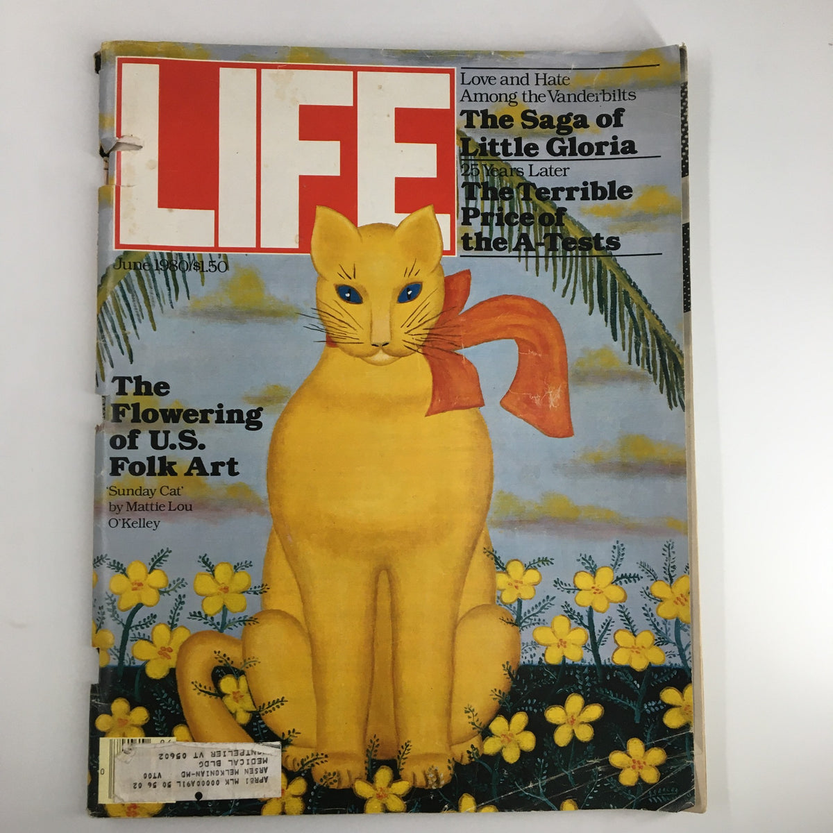 Vintage Life Magazine from June 1980 featuring 'The Flowering of U.S. Folk Art' on the cover, showcasing a yellow cat with a red scarf, surrounded by vibrant yellow flowers.