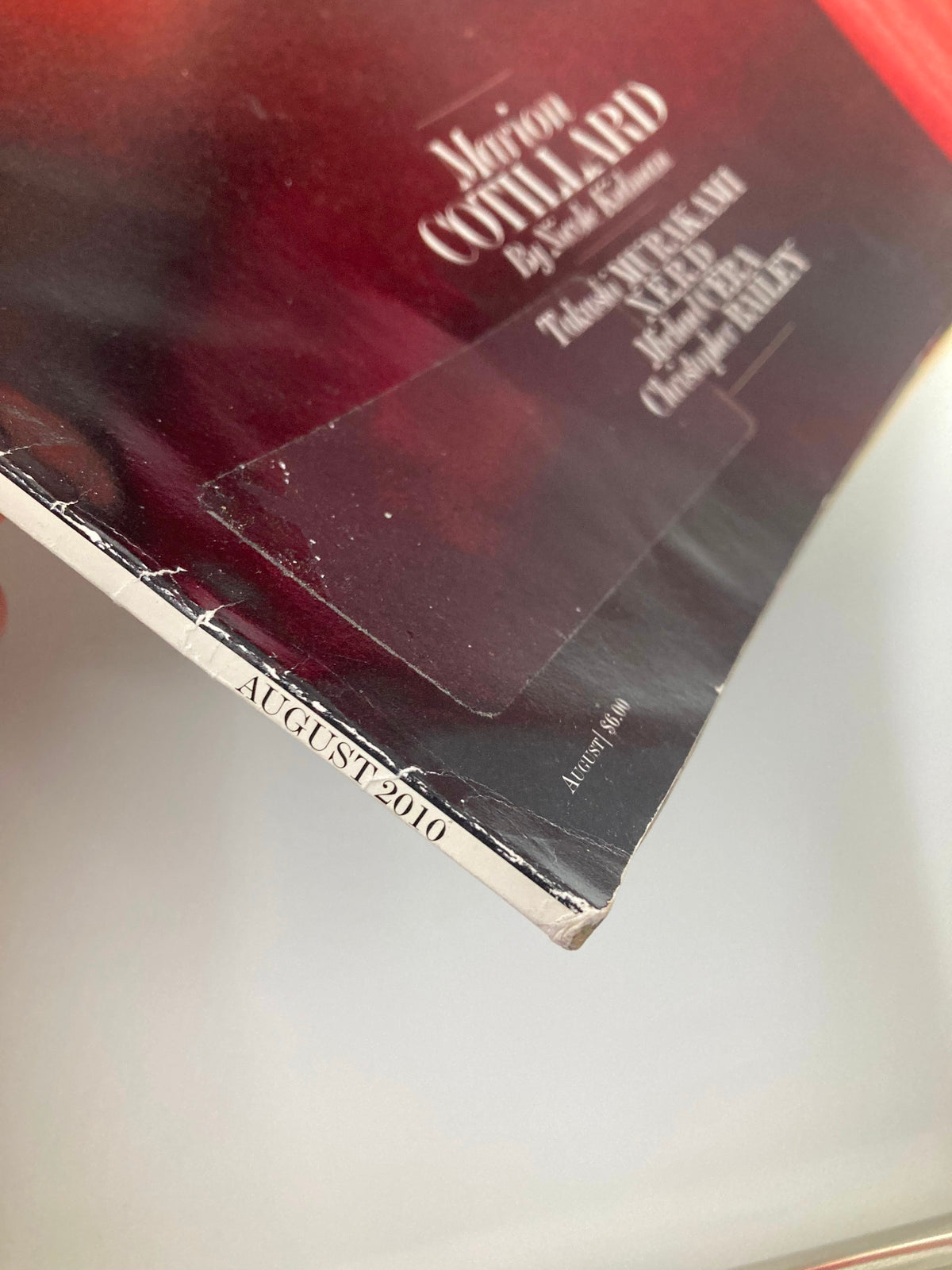 Side angle of the August 2010 Interview Magazine showcasing the binding and publication date, reflecting its condition as a collectible item featuring Marion Cotillard.