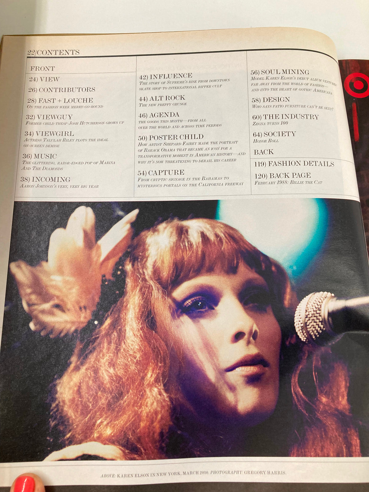 Contents page of Interview Magazine May 2010 showcasing various articles and features, including the cover story on Madonna, providing insights into the issue's content.