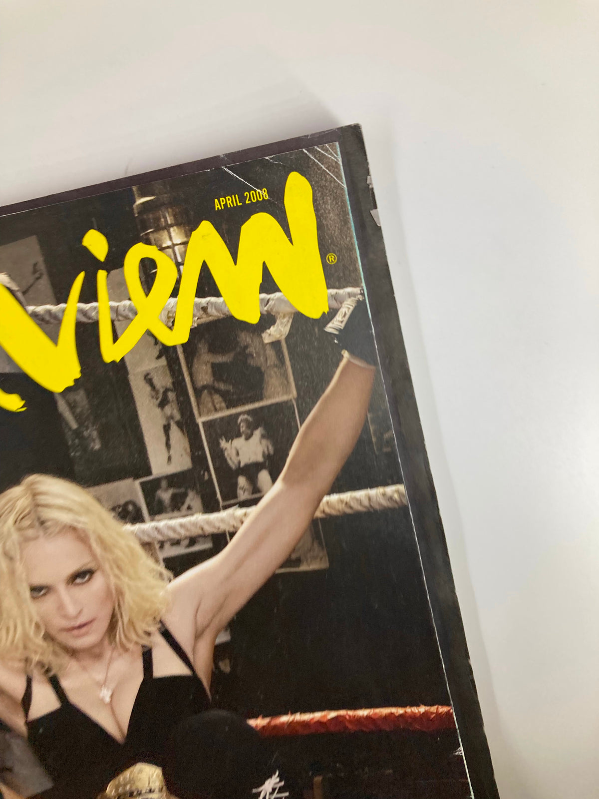 Close-up of the top section of Interview Magazine April 2008, displaying the magazine's logo and the date, along with a captivating image of Madonna in a dramatic pose, embodying the essence of pop culture discussion in the issue.
