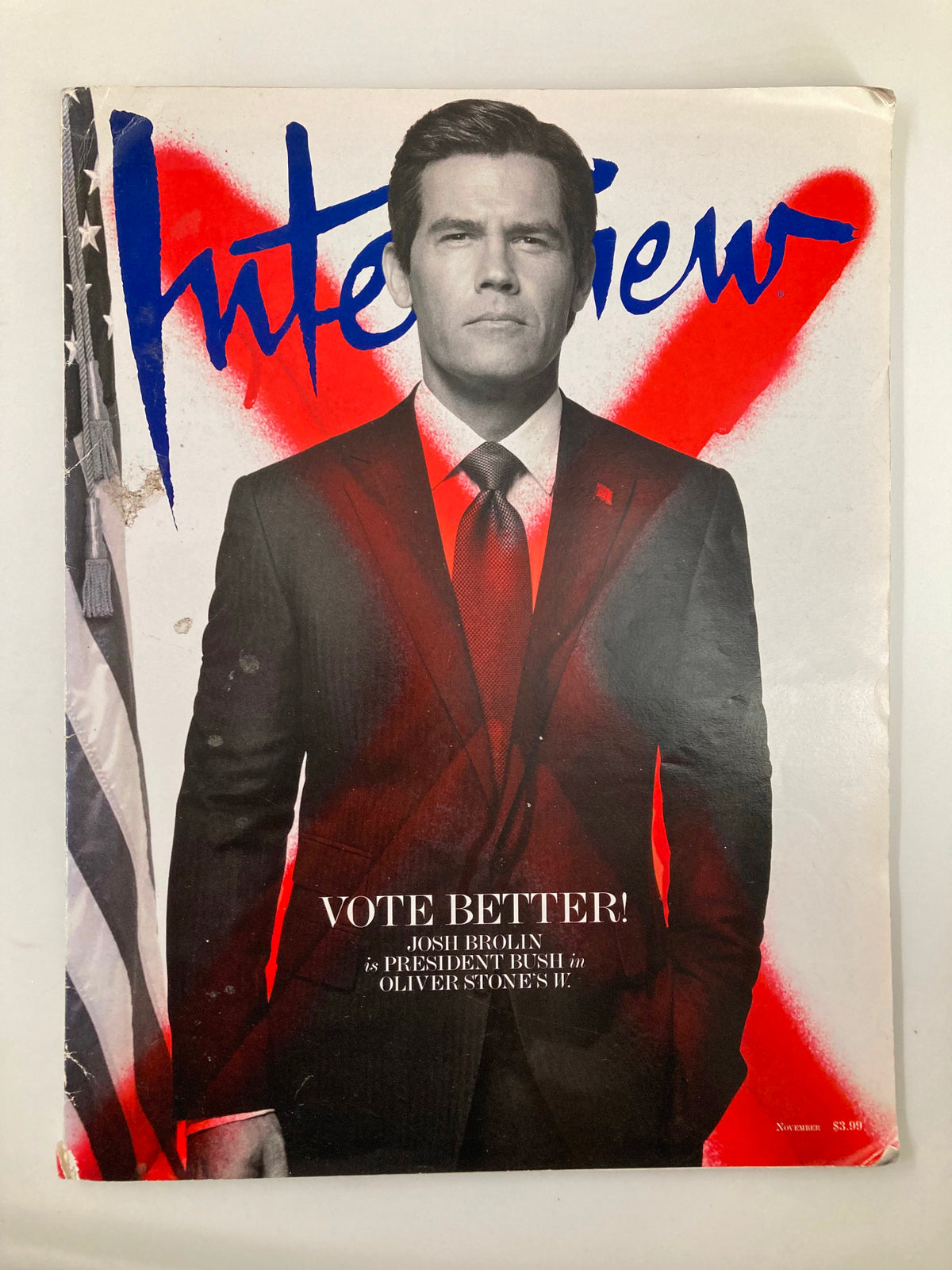 Cover of Interview Magazine November 2008 featuring Josh Brolin as President Bush, highlighting the message 'VOTE BETTER!' with a striking design.