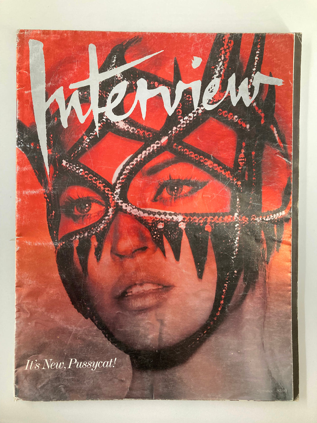Interview Magazine September 2008 cover featuring Kate Moss, showcasing a vibrant and iconic design from the 2000s. The magazine is titled "It's New, Pussycat!" and highlights fashion trends of the era with visual appeal, making it a collectible item.
