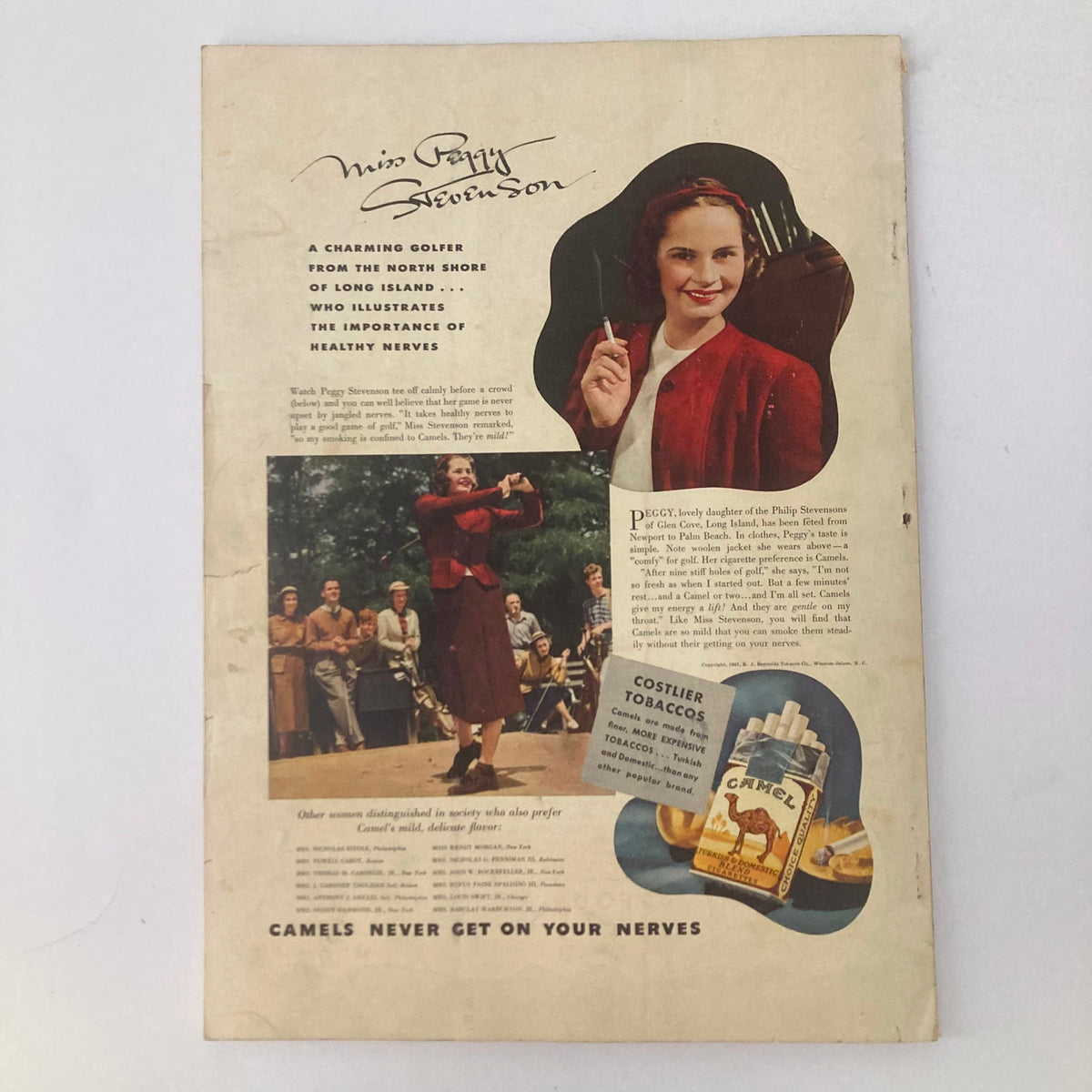 Back cover of VTG Stage Magazine October 1937 featuring a promotional image of golfer Miss Peggy Stevenson. The advertisement highlights the importance of healthy nerves and includes the Camel cigarettes logo, capturing the essence of 1930s advertising.